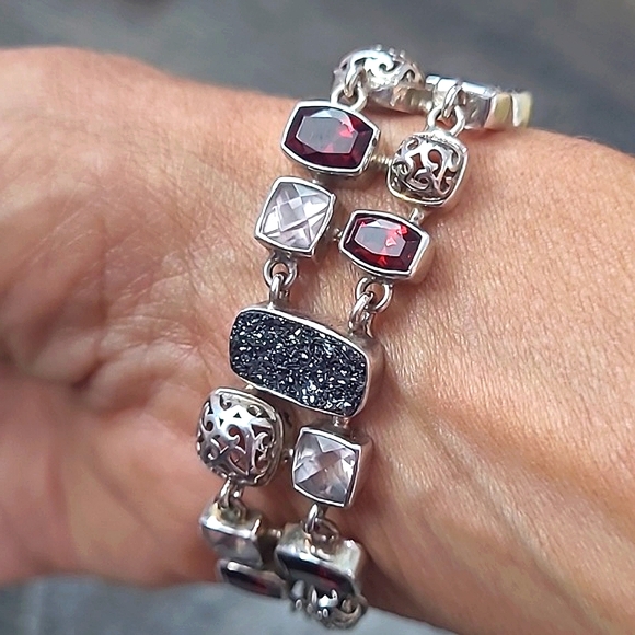 Garnet Rock Crystal Sterling Silver Bracelet